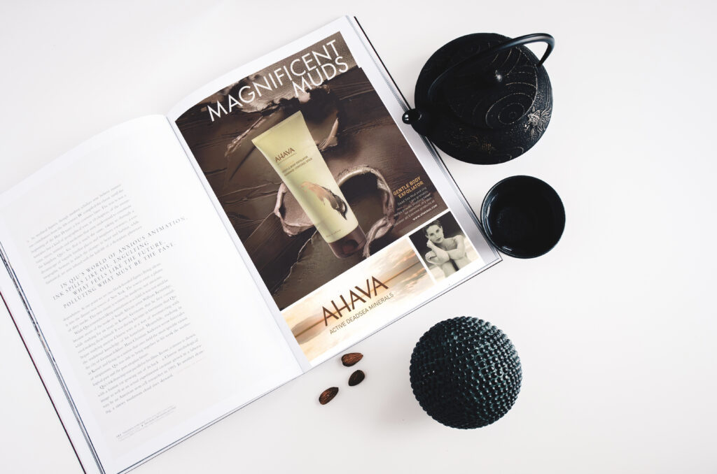 AHAVA full page magazine ad with copy by Kathryn Lineberger.